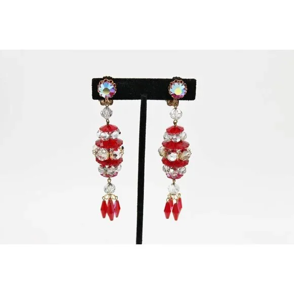 Vintage Red AB Crystal Rhinestone Statement Dangle Earrings - Picture 4 of 4